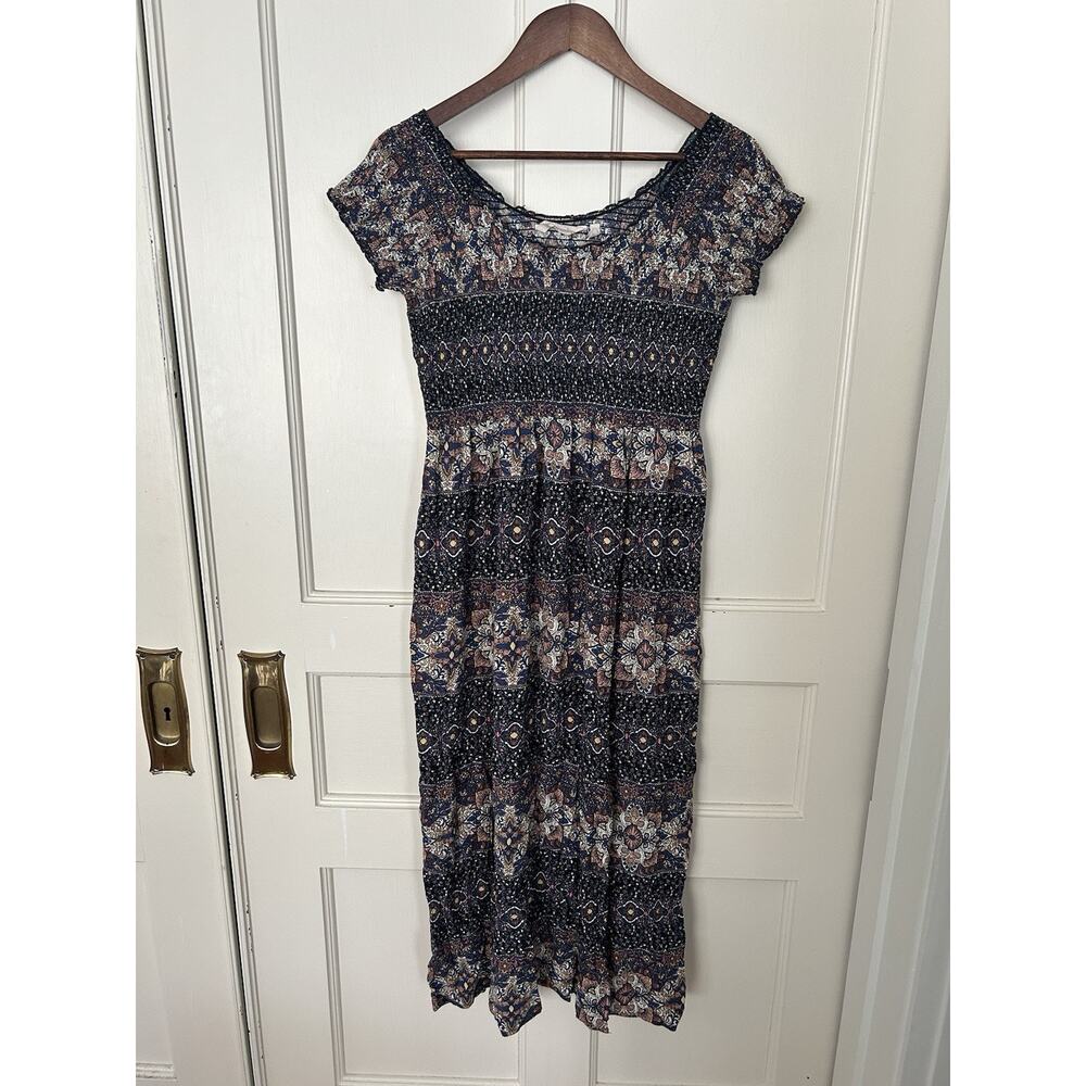 Soft Surroundings Paisley Peasant Midi Dress Womens Size Small Blue Brown Hippie